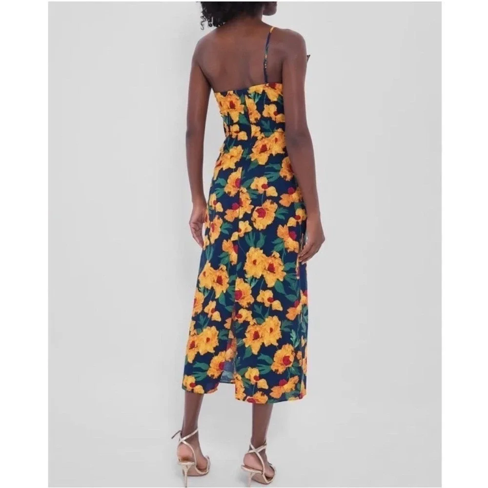 Hyacinth House Margot‎ Navy Marigold Floral Ruffle One Shoulder Maxi Dress S